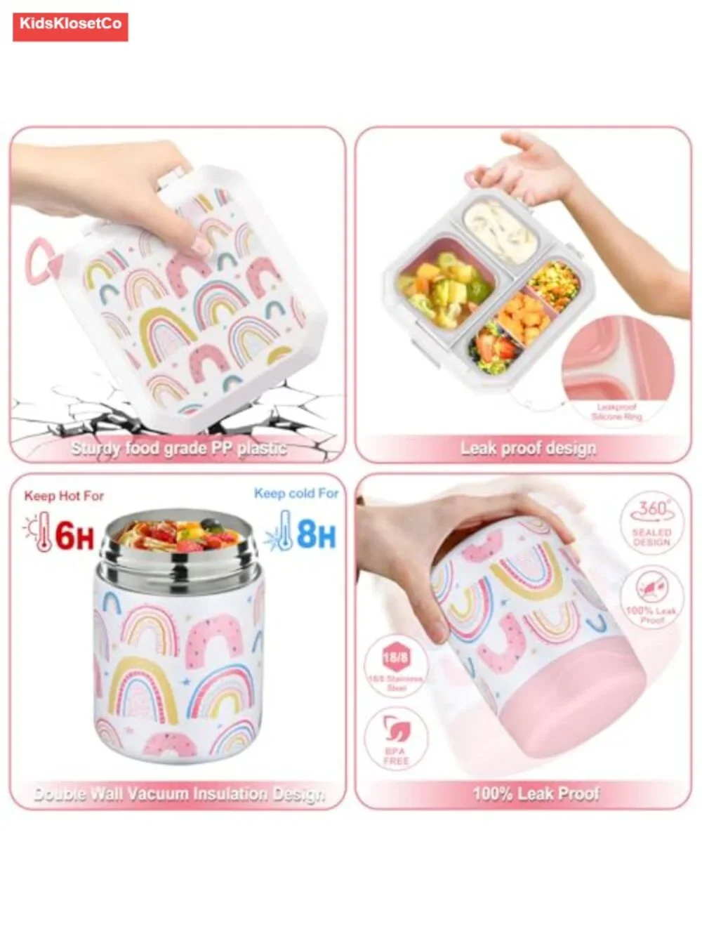 Kids Bento Lunch Box Set with 12oz Thermo Food Jar Leak-Proof Insulated Lunch